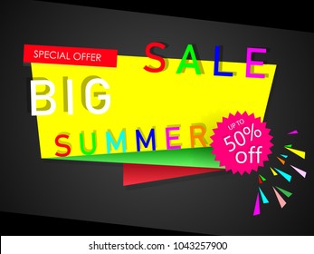 Sale poster , big summer on black background , banner,special offer ,shop now, up to 50% off,paper cut Vector illustration eps10.