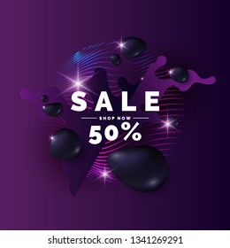 Sale poster. Black drops on background. Abstract illustration with three-dimensional shapes.