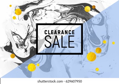Sale Poster. Black and White Marble Background. Blue Stripe, Gold Foil Circles. Vector Illustration.