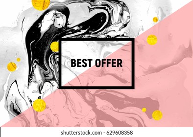 Sale Poster. Black and White Marble Background. Pink Stripe, Gold Foil Circles. Vector Illustration.