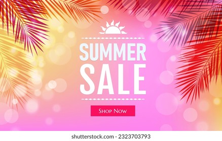 Sale Poster With Bright Palm Leaves With Gradient Mesh, Vector Illustration