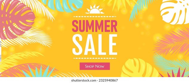 Sale Poster With Bright Palm Leaves With Gradient Mesh, Vector Illustration