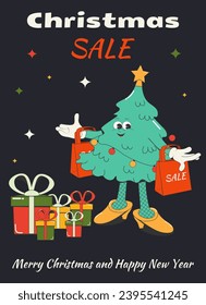 Sale poster in cartoon groovy style on a dark background. A funny Christmas tree with red sale bags and gifts. Vector illustration in retro style of old comics of the 50s-60s.