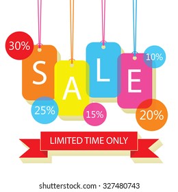 SALE poster colorful, labels with letters, numbers and percentages