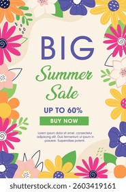 Sale poster with colorful summer flowers and leaves on light background. Advertising poster with floral elements. Vector template for poster, card, banner, social media, poster, mobile apps, web.