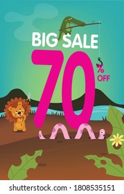Sale poster with cute cartoon jungle  animals. Vector illustration on gradient background