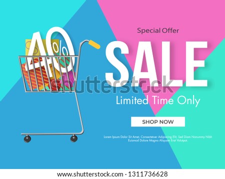 Sale poster design with 40% discount offer and shopping cart illustration full of gift boxes on abstract background.
