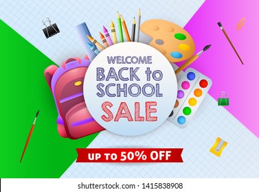 Sale poster design with pink backpack, artist paints, pencils, crayons and copybooks. Back to school sale flyer design with school supplies. Vector illustration can be used for banners, ads, signs