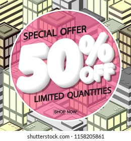 Sale poster design template, discount 50 percent off, special offer, vector illustration