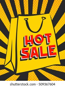 Sale poster design, vector layout, paper bag with text place, retro rays background