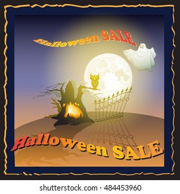 Sale poster. Discount sticker with Moon, ghost, owl, tree and words Halloween Sale. Price tag template.