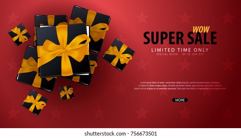 Sale poster or Flyer design with gifts. Discount background for the online store, shop, promotional leaflet, poster, banner. Vector illustration