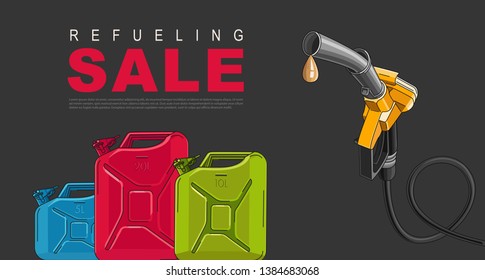 Sale Poster for gas station with fuelling nozzel and oil canisters