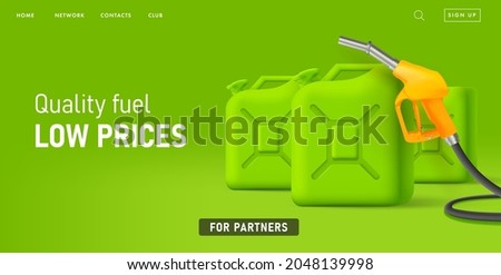 Sale Poster for gas station with fuelling nozzel and oil canisters, bright green color