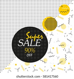 Sale poster with geometric shapes, circles, dots, triangles. Vector background in retro 80s, 90s memphis style.
