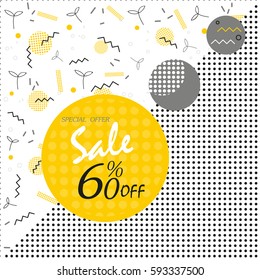 Sale poster with geometric shapes, circles, dots, triangles. Vector background in retro 80s, 90s memphis style.