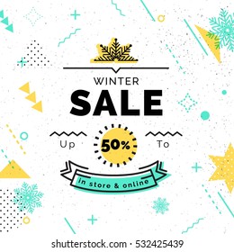 Sale poster with geometric shapes. Winter Sale vector illustration. Vector background in retro 80s, 90s memphis style.