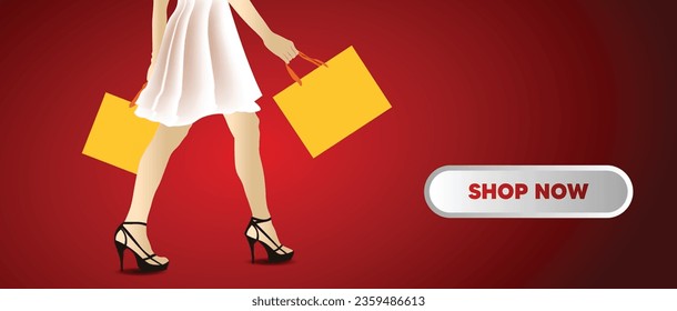 sale poster girl walking with shopping bags shop now vector poster