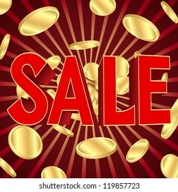 Sale poster with gold coins. vector illustration