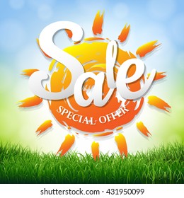 Sale Poster With Grass Border, With Gradient Mesh, Vector Illustration