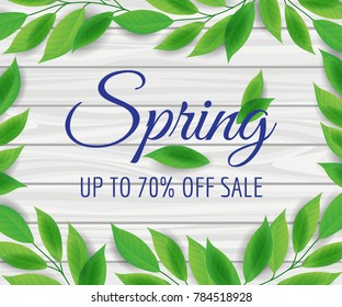 Sale poster with green leaves, and wooden background, vector illustration