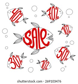 Sale poster with hand drawn lettering and percent discount on cute fishes. Typography Vector Background. Handmade calligraphy.