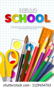 Sale poster with hello school typographic design. 3d school supplies and paper cut style letters on squared background. Vector illustration.