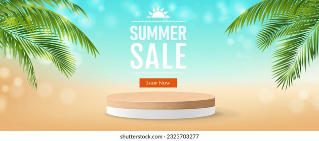 Sale Poster lWith Green Palm Leaves With Gradient Mesh, Vector Illustration