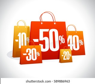 Sale poster, many paper shopping bags with discount percents