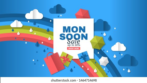 Sale Poster Of Monsoon Season. Creative Sale Banner with Colorful cloud, umbrella, rainbow, gift box and package. white frame with 3d paper cut icon decoration. web banner for Monsoon Season sale