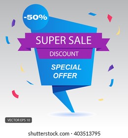 Sale poster on a abstract background. Super sale blue banner with purple ribbon. Sale banner. Special offer -50%. Super sale background. Discount label. Promotion poster. Vector, eps 10