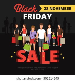 Sale poster with people and Black Friday shopping symbols flat vector illustration 