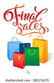Sale poster with percent discount. Illustration of paper shopping bags. Shopping sale design template, Sale shopping bags,  Shopping icon, Vector illustration.