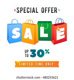 Sale Poster with percent discount. Illustration of paper shopping bags and lights. Special Offer.