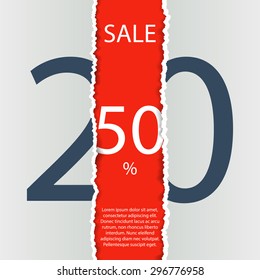 Sale poster with percent discount. Torn paper.