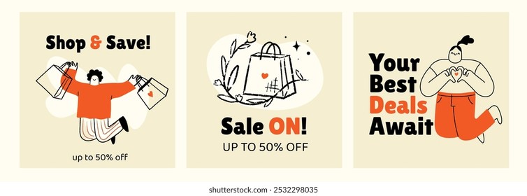 Sale poster set with happy quirky characters. Special offer promotional banner concept. Vector hand drawn doodle illustration 