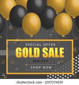 Sale Poster with shiny balloons on dark Background with golden, glitter lettering and frame