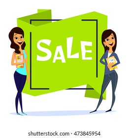 sale poster for students theme isolated on white background.Cute and simple flat cartoon style.cheerful of girls standing with books.young character. elements for design. personage. person. Lifestyle