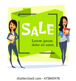 sale poster for students theme isolated on white background.Cute and simple flat cartoon style.cheerful of girls standing with books.young character. elements for design. personage. person. Lifestyle