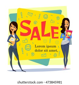 sale poster for students theme isolated on white background.Cute and simple flat cartoon style.cheerful of girls standing with books.young character. elements for design. personage. person. Lifestyle