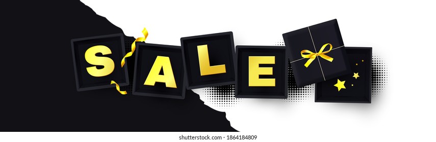 Sale poster template with boxes, bow and serpentine. Special offer banner with gift bags.
