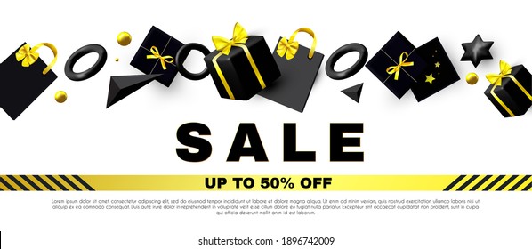 Sale poster template with boxes, bow and serpentine. Special offer banner with gift bags and 3D geometric elements.