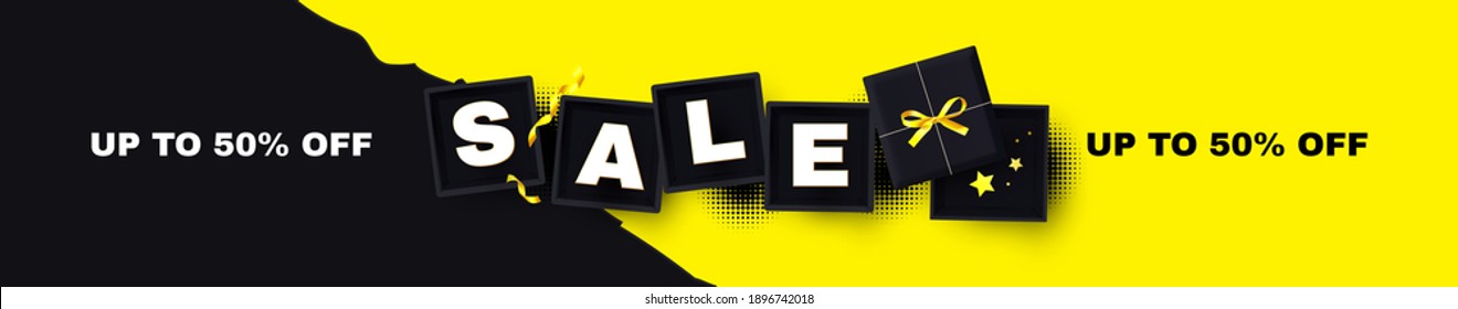 Sale poster template with boxes, bow and serpentine. Special offer banner with gift bags.