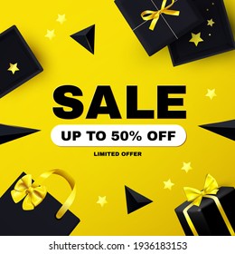 Plantilla de afiche de venta con cajas, arco y serpentina. Cartel de oferta especial con bolsas de regalo. y triángulos voladores.