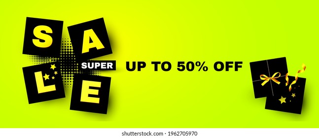 Sale poster template with boxes, bow and serpentine. Special offer banner.