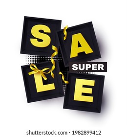 Sale poster template with boxes, bow and serpentine. Special offer banner.
