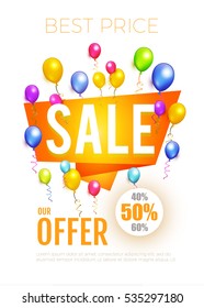 Sale Poster Template. Colorful Design with Motion Polygon Banner and Balloons. Vector illustration.