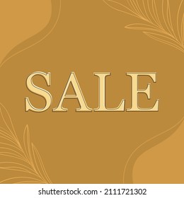 Sale Poster Or Template Design With Linear Leaves In Dark Orange Color.