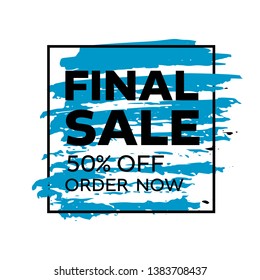 Sale poster template design. Modern abstract business template on a white backdrop with blue brush texture. Promo tag discount offer layout. Vector banner for advertising design.