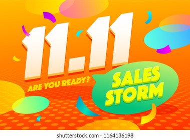 Sale poster template design. Sales storm special offer web banner. Global shopping festival special offer flyer. 11.11 vector illustration.